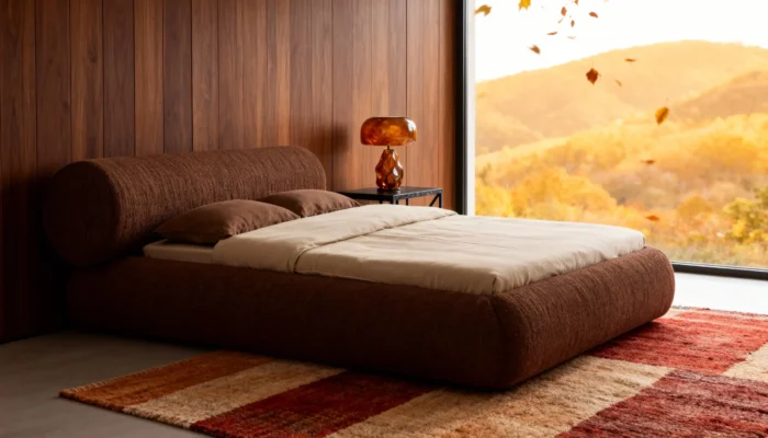 Дизайнерське ліжко Kaizen з м’яким об’ємним узголів’ям у теплих натуральних відтінках, у сучасному інтер’єрі спальні