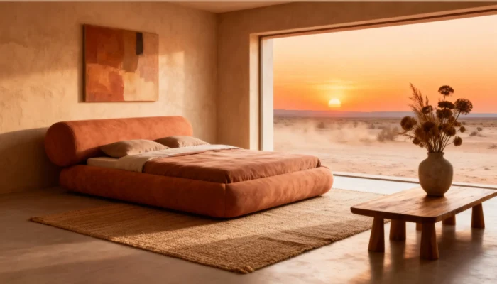 Сучасне двоспальне ліжко Kaizen Satori з м’яким узголів’ям у теплих піщаних тонах у мінімалістичному інтер’єрі