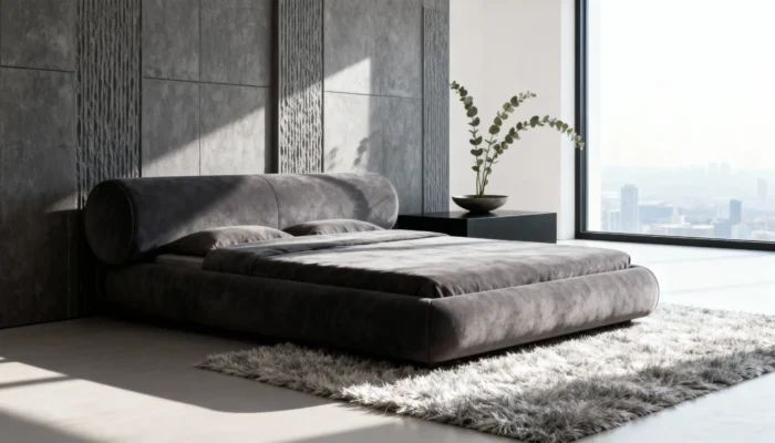 Сучасне м’яке ліжко Kaizen у мінімалістичній спальні з панорамним вікном та текстурним узголів’ям