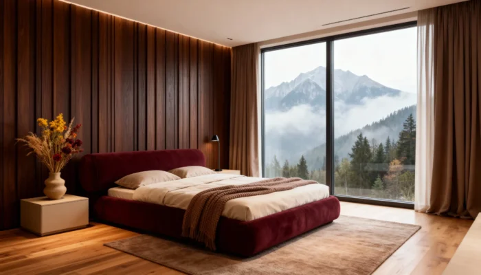 Ліжко двоспальне Kaizen Nami з м’яким узголів’ям у сучасному інтер’єрі з панорамним вікном