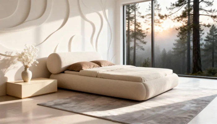 Сучасне ліжко Kaizen Sora з м’яким округлим узголів’ям у світлому мінімалістичному інтер’єрі