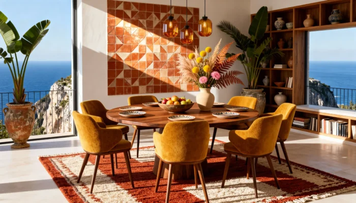 Дизайнерський стілець Bliss у теракотовому інтер’єрі з дерев’яним столом і м’яким текстилем