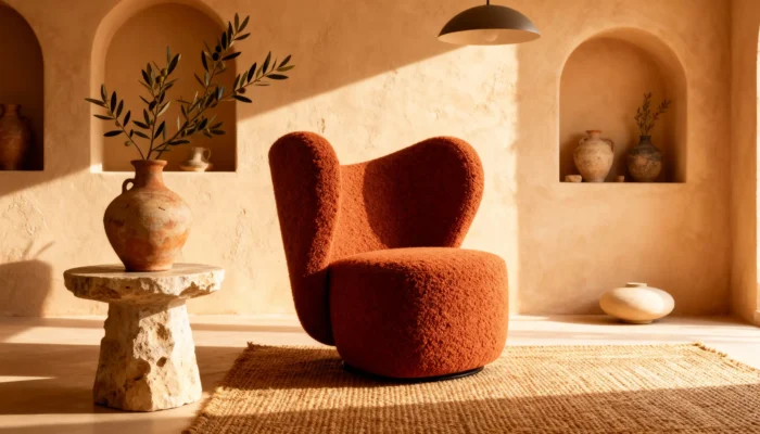 Дизайнерське крісло Gelate Terra теракотового кольору в мінімалістичному інтер’єрі