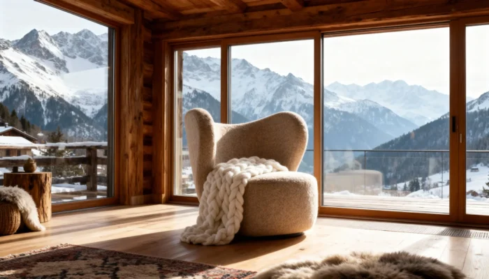 Світле дизайнерське крісло Gelate Alpine біля панорамного вікна