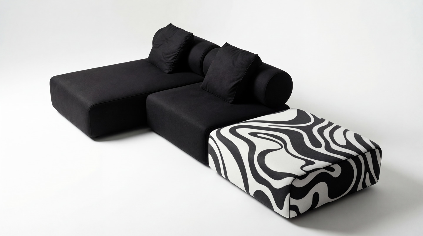 дизайнерський модульний диван з графічним принтом у сучасному інтер’єрі