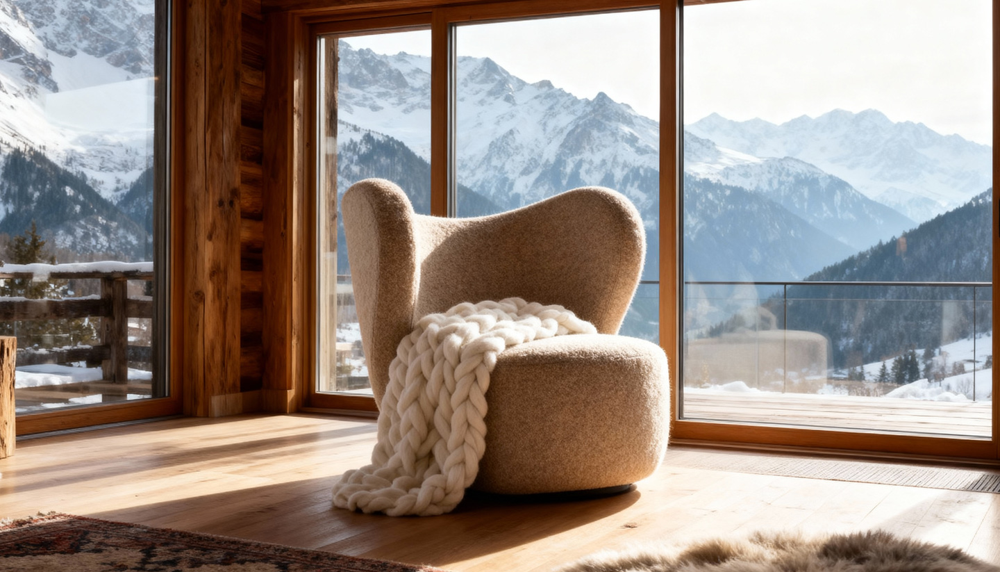 м’яке крісло в сучасному інтер’єрі з видом на гори