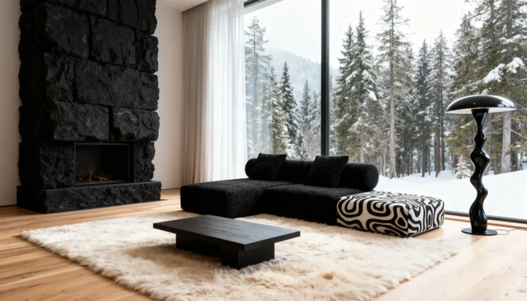 диван для кафе в інтер’єрі з каміном, панорамним вікном та акцентним принтом