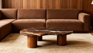 дизайнерський диван у теплій вітальні з м’яким світлом