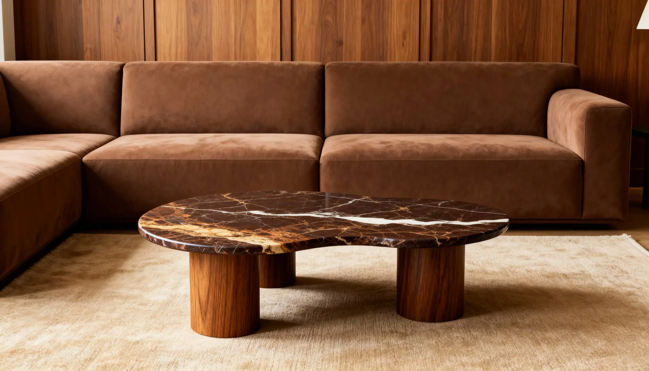 дизайнерський диван у теплій вітальні з м’яким світлом