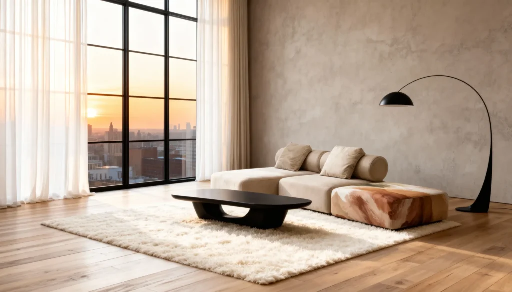 Диван Exotiq Beige with Color STROKE біля панорамного вікна на заході сонця 