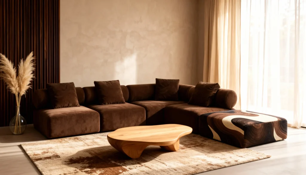 М’який диван Exotiq Brown Tiramisu Swirls у lounge-зоні з теплим світлом