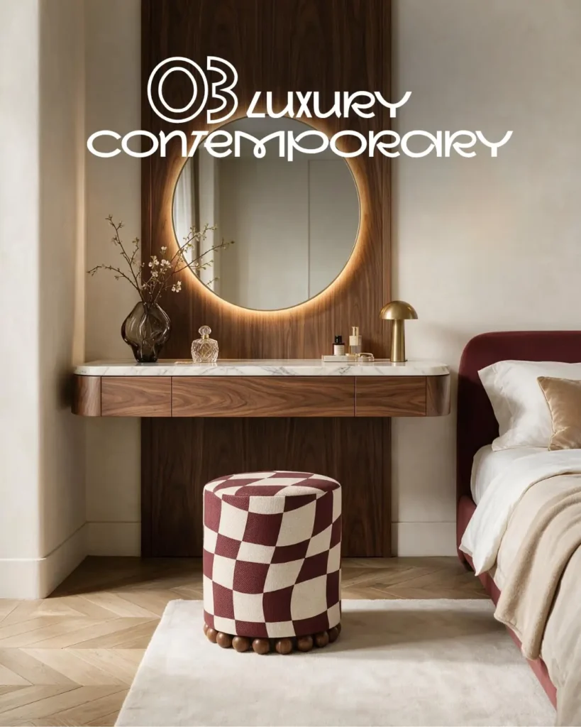 Пуф RITMO з арт-тканини біля туалетного столика у спальні luxury contemporary