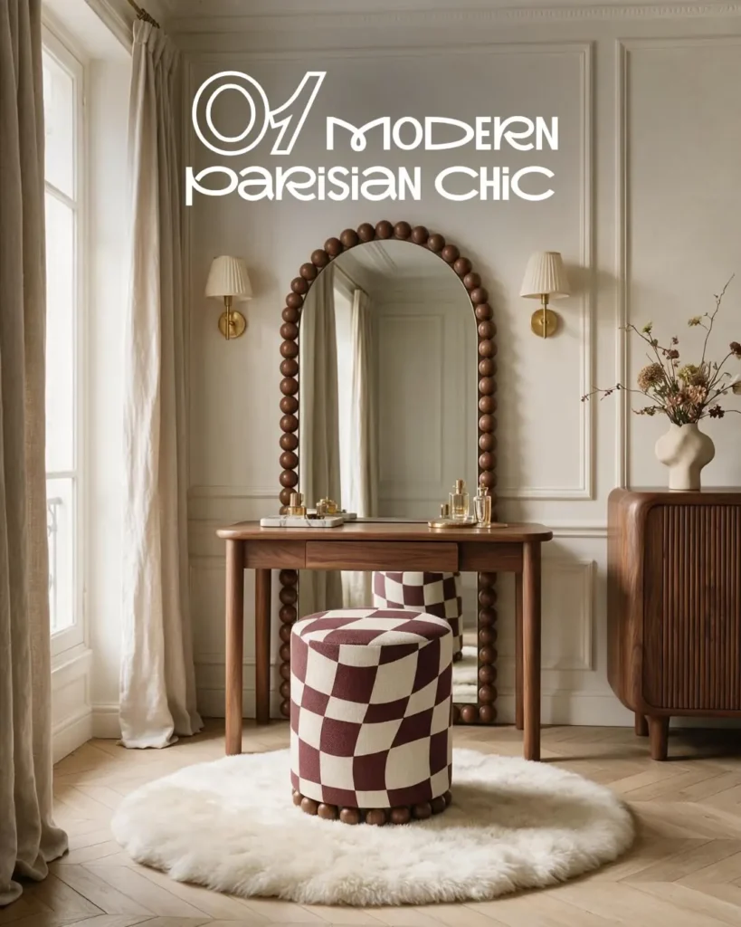 Пуф RITMO у стилі Modern Parisian Chic біля дерев’яного туалетного столика